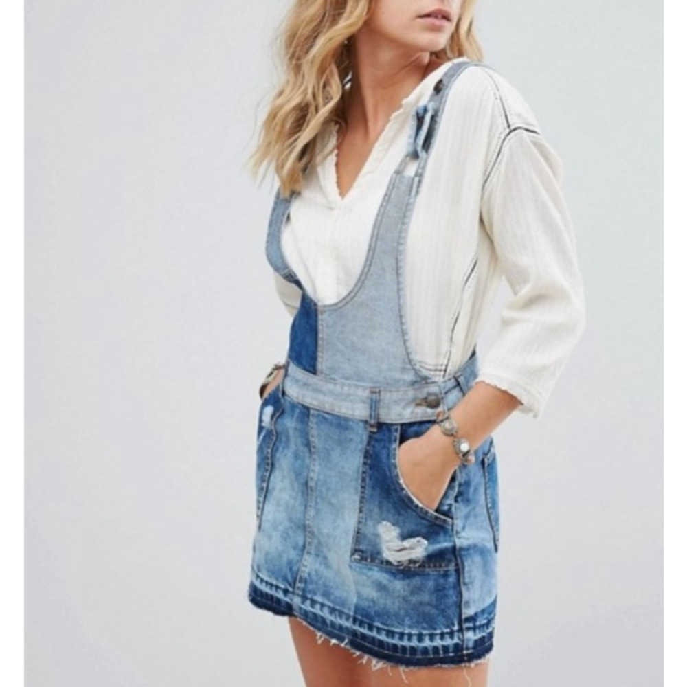 Free People Blues Blue Denim Patchwork Overall Dress